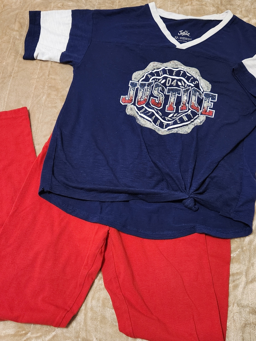 Justice Navy Blue & Red Sequin Graphic Tee Set Side Tie Top